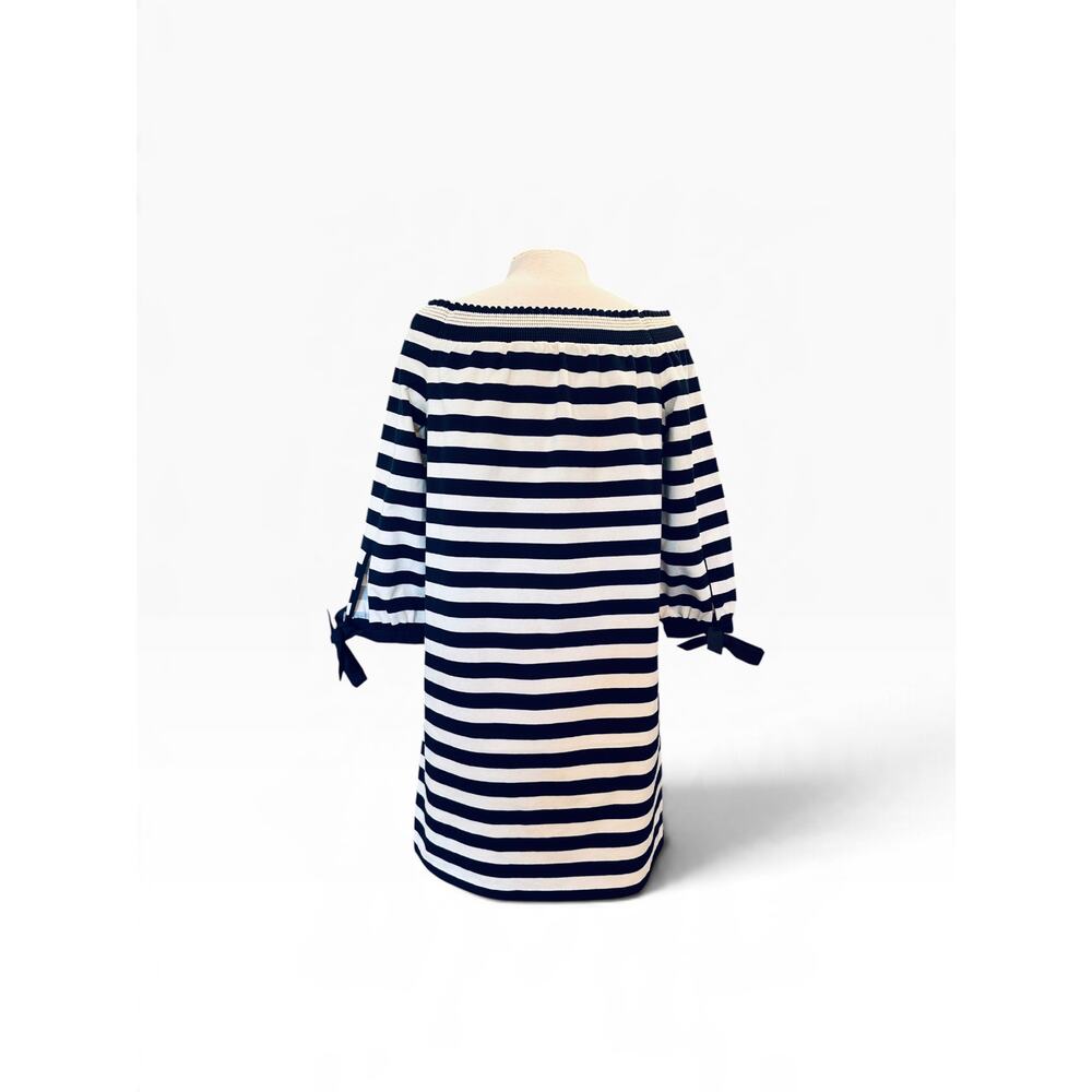 JCrew Stripe Off Shoulder Quarter Sleeve Tied Cuffs Mini Shift Dress Navy Ivory - Picture 8 of 9